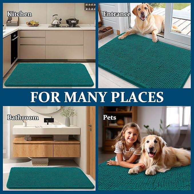 OLANLY Dog Door Mat for Muddy Paws 47x32, Absorbs Moisture and Dirt, Absorbent Non-Slip Washable Doormat, Quick Dry Chenille Mud Mat for Dogs, Entry Indoor Entryway Carpet for Inside Floor, Lake Blue
