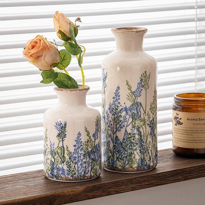 Ceramic Vase Set of 3, Vintage Blue Floral Beige Vases, Rustic Chinoiserie Decorative Vases for Wedding Decor, Wedding Gifts, Farmhouse Floral Vase for Home Decor, Living Room, Kitchen, Shelf Decor