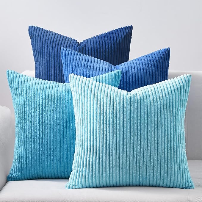 Topfinel Blue Decorative Throw Pillow Covers 16x16 Inch Set of 4,Soft Accent Corduroy Striped Gradient Color Small Cushion Cover for Beach,Patio,Balcony,Couch Living Room,Summer Home Decor