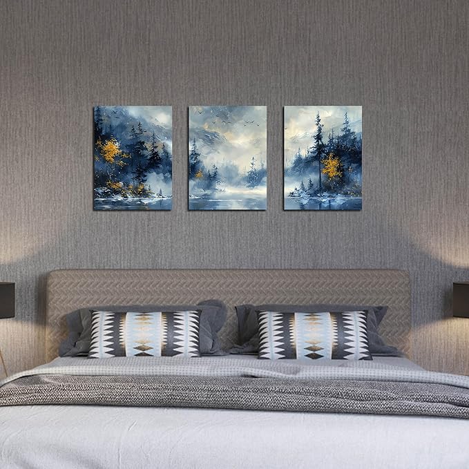 SIXTTART Forest Pictures Wall Art for Office - Modern Blue Canvas Art Wall Decor for Living Room - 3 Piece Wall Art for Bedroom Size 12" x 16"