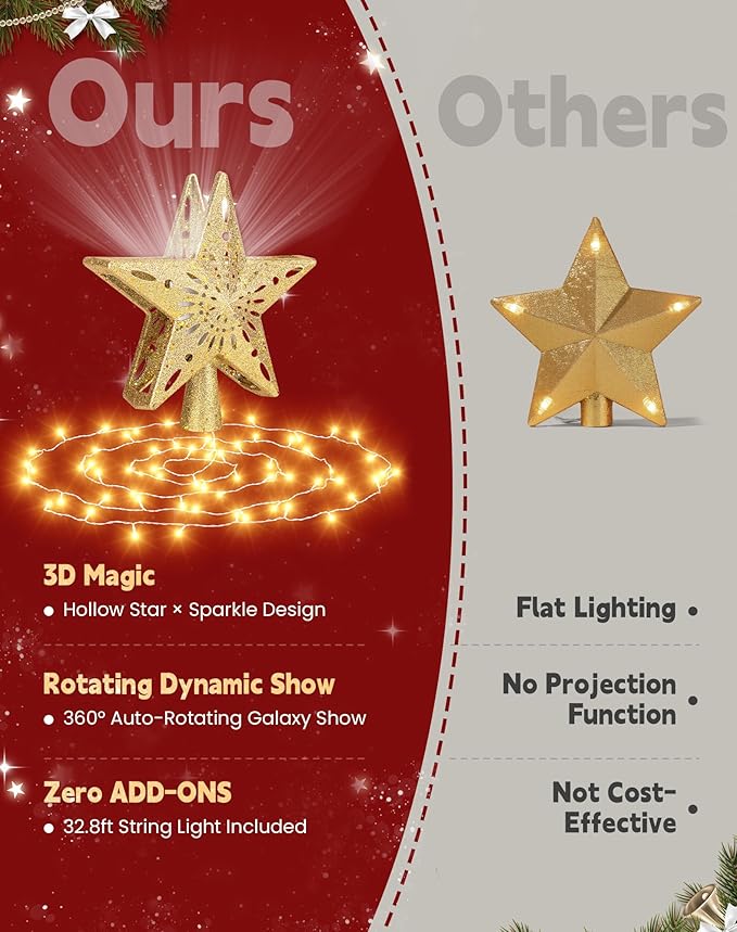 Christmas Tree Topper with 32.8FT Warm Light Cord and 6 Projection Modes, Christmas Star Tree Topper Built-in LED Rotating Projector Lights, 3D Glitter Christmas Tree Decorations (Gold)