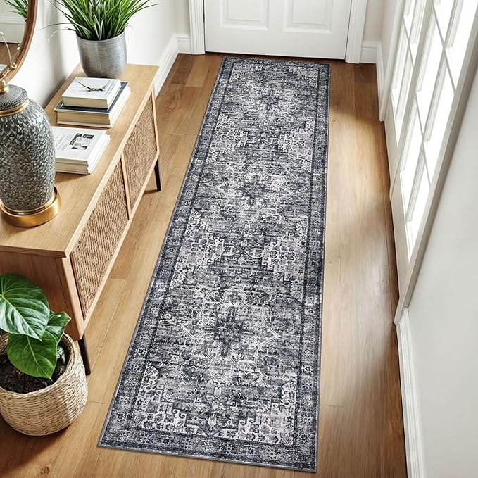 2x8 Washable Runner Rug for Hallways, Moss Charcoal Soft Neutral Vintage Printed Runner with Non-Slip, Non-Shedding Boho Rug for Bedroom Kitchen Porch Laundry Bedroom