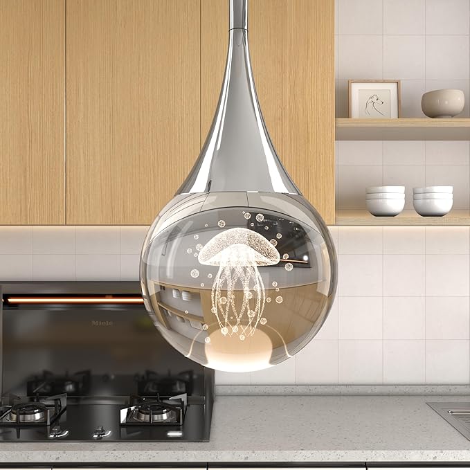 1-Pendant Lights Kitchen Island, Chrome Silver Crystal Globe Ceiling Hanging Light Fxitures, LED Lamp Metal Rod Ceiling Jellyfish Pendant Lighting for Kitchen Dining Room Bar