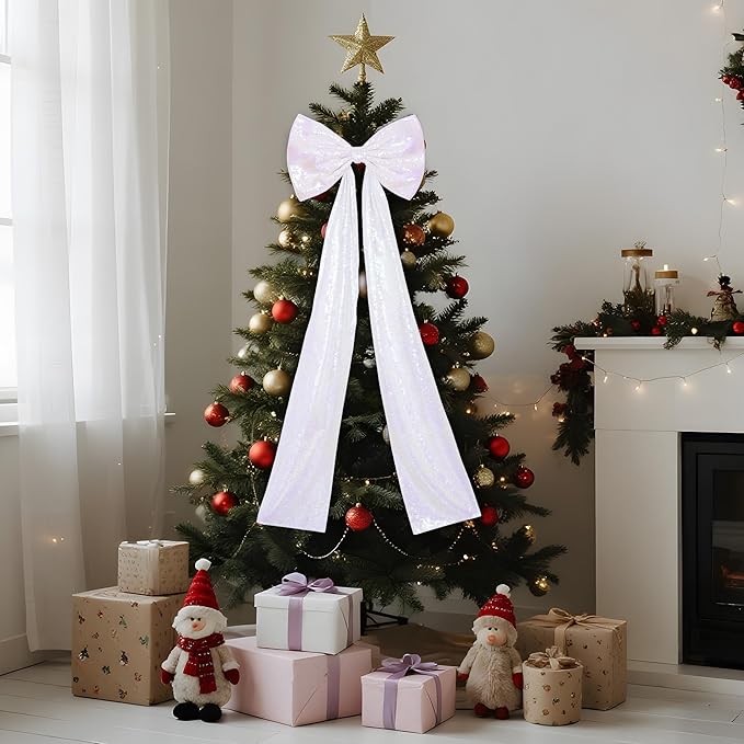 PartyDelight Christmas Tree Topper Bow Decor Large White Iridescent Sequin 16x47 Inchs Ribbon Tie Detachable Bow for Dress Xmas Birthday Party Room Decorations Coquette Backdrop Decors