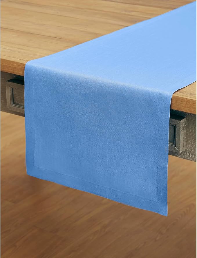 Solino Home Linen Table Runner 60 Inches - 100% Pure Linen Provence Blue Table Runner 14 x 60 Inch Ideal for Dresser and Coffee Tables - Fete - Winter, Spring, Easter