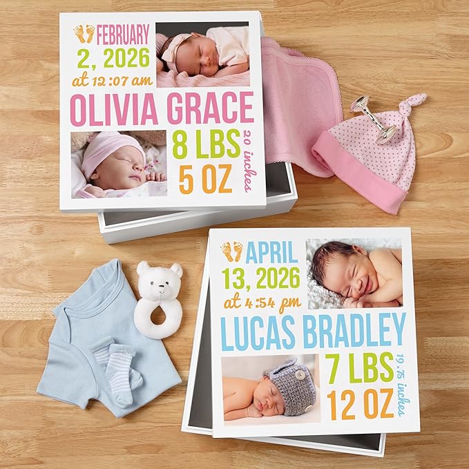 Let's Make Memories Personalized Photo Keepsake Box for New Baby - Memento Storage - Memories Box - Nursery Decor - 12" Sq x 6" H - Bundle of Love - Blue