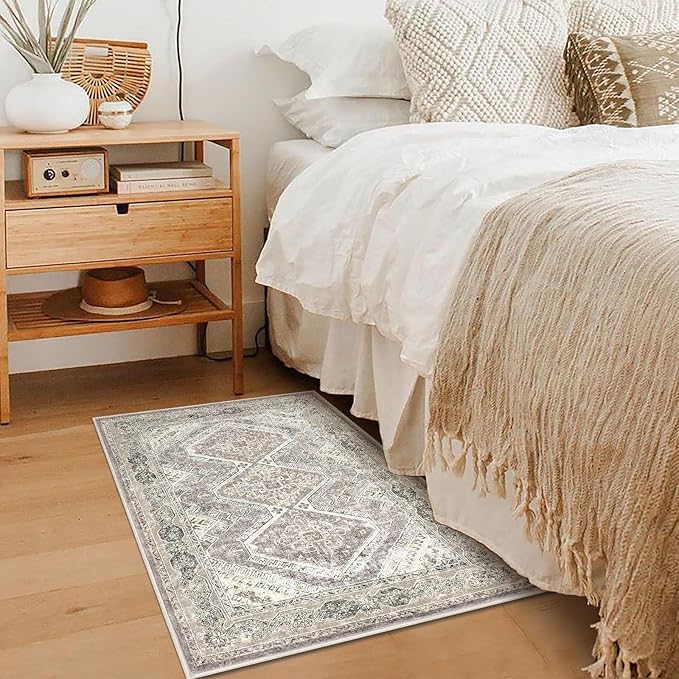 KUTA Washable Oriental Small Area Rug Ivory Grey Yellow Brown, 2x3 Entryway Rugs Indoor Non-Slip Soft Printed Vintage Distressed Farmhouse Low-Pile Door Mat for Entrance Bedroom Kitchen Nursery