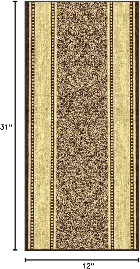 Kapaqua Custom Size Brown Gold Beige Bordered Rubber Backed Non-Slip Hallway Stair Runner Rug Carpet 31 inch Wide Choose Your Length 31in X 1ft