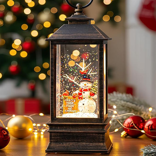 Christmas Snow Globe Water Glittering Farm Snowman with Music & Timer, USB Lined/Battery Operated Lighted Lantern for Christmas Festival Decoration Gifts