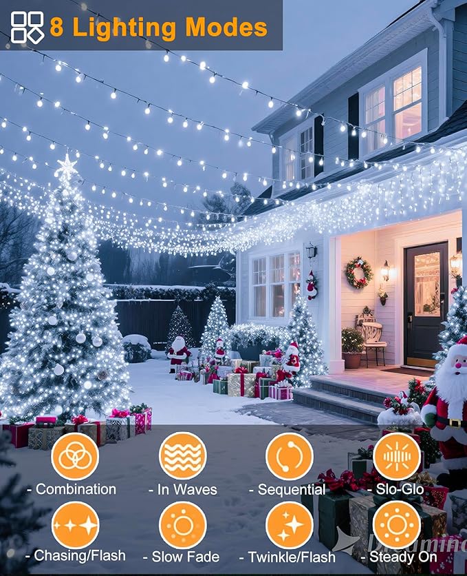 40FT 120 LED Christmas Lights Outdoor, White Christmas String Lights with 8 Modes & Waterproof, Connectable Plug in Christmas Tree Lights for Indoor Garden Tree Party Xmas Decorations