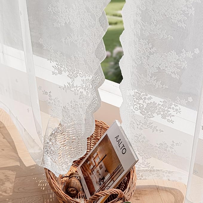 White Semi-Sheer Curtains – Vintage Floral Lace for Bedroom/Bathroom, Airy Light Filtering Rod Pocket Drapes, Privacy Elegant Chic Victorian Pattern Design, 52W x 72L Inch, 2-Panel Set