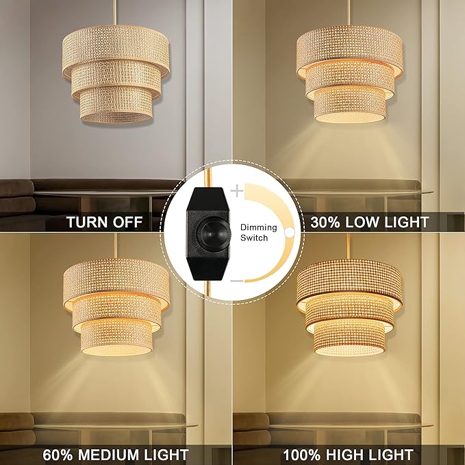 Plug in Pendant Light, Hanging Lamp with Dimmable Switch, Rattan Pendant Light Fixtures with 15 Ft Cord, Boho Lamp with Dark Yellow Shade for Bedroom, Kitchen, Living Room