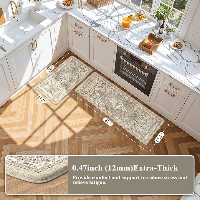 Collive Boho Kitchen Mats for Floor 2 Piece, Cushioned Anti Fatigue Kitchen Floor Mat Non-Skid Waterproof Under Sink Mat, Taupe Comfort Standing Desk Mat for Office, Home & Kitchen, 17"x30"+17"x47"