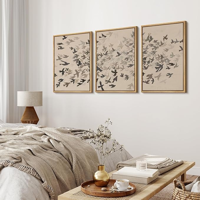 MUDECOR Framed Wall Art Print Set Minimalist Subtle Birds in Motion Illustrations Modern Art Boho Decorative Colorful Chic for Living Room, Bedroom, Office - 16"x24"x3 Natural