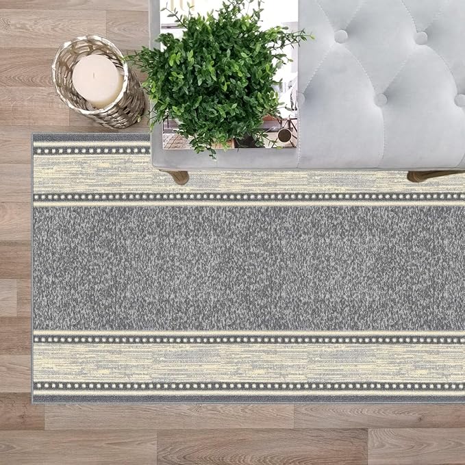 Kapaqua Custom Size Grey Ivory Bordered Rubber Backed Non-Slip Hallway Stair Runner Rug Carpet 31 inch Wide Choose Your Length 31in X 12ft