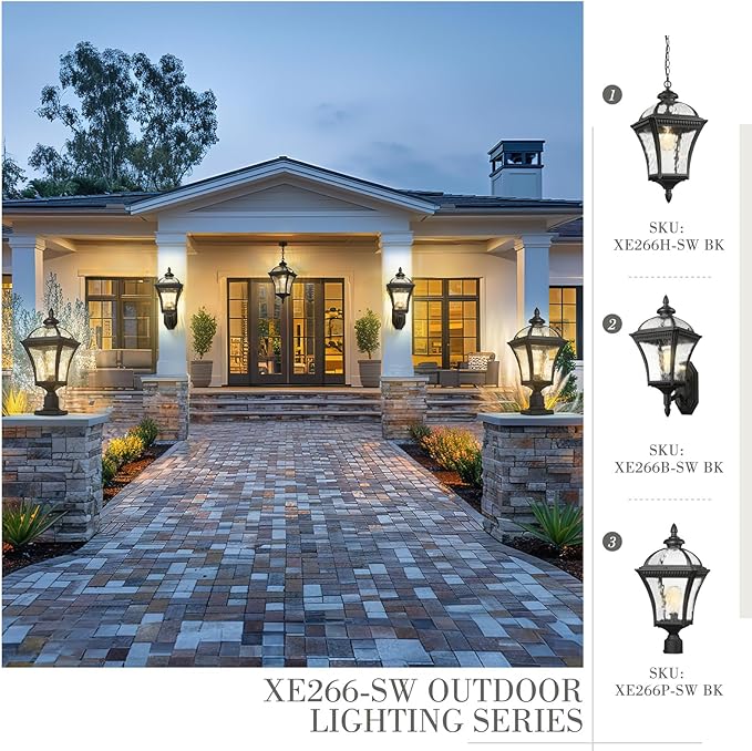 Emliviar 23 Inch Outdoor Light Fixture Wall Mount, Modern Black Outdoor Wall Sconce with Water Ripple Glass, Weatherproof Exterior Wall Light, XE266B-SW BK