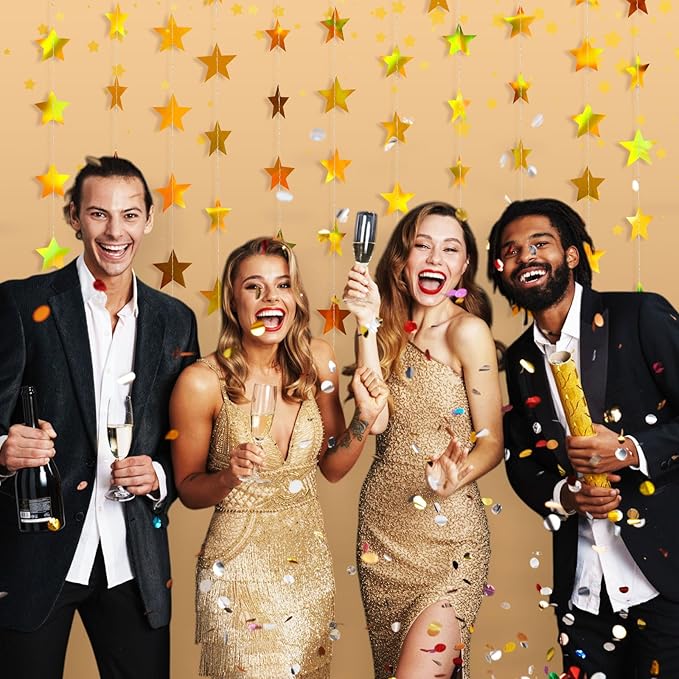 Patelai Glitter Star Garland Banner 2026 New Years Decor 130 Feet Star Hanging Banner Twinkle Backdrop for Birthday Classroom Wedding Christmas Party Supplies(Iridescent Gold)