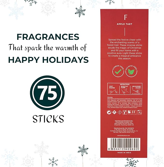Folkulture Christmas Incense Sticks for Home | Pack of 75 Natural & Non-Toxic Incense for Cleansing | Organic Apple Tart Scent | Xmas Gifts for Her | Christmas Magic