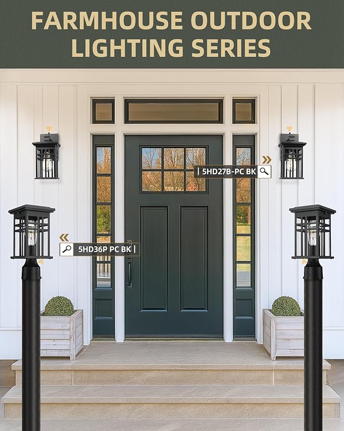 HWH INVESTMENT Outdoor Post Lantern Dusk to Dawn, Patio Pole Lamp Post for Yard Garden, Waterproof Exterior Lamp Post Lantern with Photocell Sensor, Clear Glass, 5HD36P PC BK