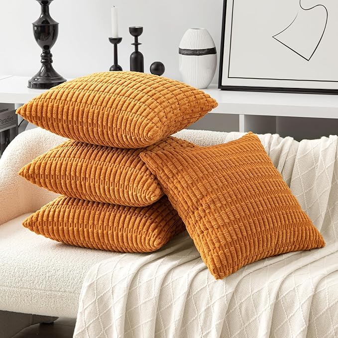 MIULEE Pack of 4 Fall Burnt Orange Corduroy Decorative Throw Pillow Covers 18x18 Inch Soft Boho Striped Pillow Covers Modern Farmhouse Home Decor for Sofa Living Room Couch Bed
