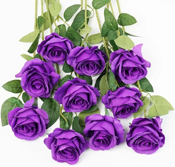 Flojery 10pcs Purple Silk Roses Artificial Rose Flowers Long Stem for DIY Wedding Bouquet Table Centerpiece Home Décor
