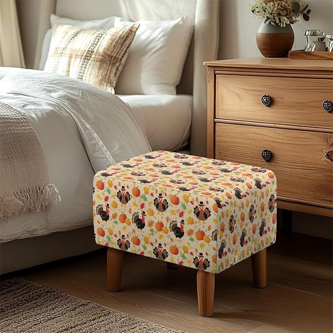 Thanksgiving Turkey Ottoman Cover - Non-Slip Elastic Rectangular Slipcover, Easy Care Furniture Protector for Holiday Gatherings, 30x24x15 Inch