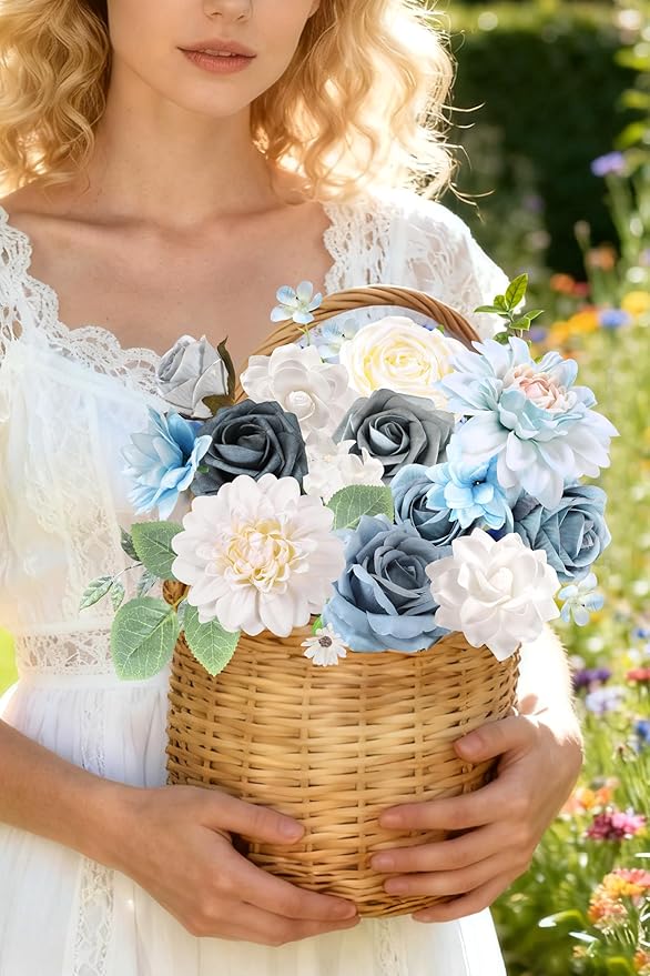 Blue Artificial Flowers Combo Box Set Silk Flowers Fake Rose for DIY Floral Arrangements Wedding Bouquets Centerpieces Baby Shower Party Home Decorations