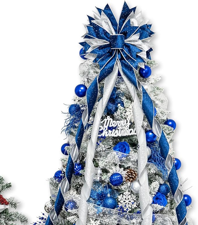 Christmas Tree Topper Bow, 53x13 Inches Large Christmas Bow with Glitter Streamer, Decorative Ribbon Bows for Xmas Tree Wreath Door Festival Home Decor(Blue & Silver)