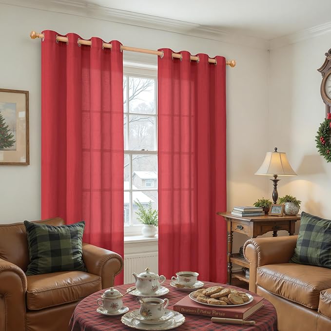 YoungsTex Red Linen Curtains 80 Inches Long for Living Room, Light Filtering Drapes with Grommet Semi Sheer Privacy for Christmas Bedroom Dining Room, 2 Panels, 52 X 80 Inch