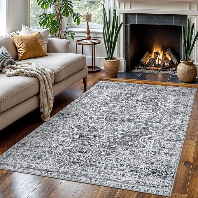 KUTA Area Rug 4x6 Living Room, Washable Rugs Vintage Distressed Tribal Grey Blue White, Non-Slip Dining Room Carpet, Extra Soft Low Pile Printed Traditional Medallion Cozy Throw for Bedroom