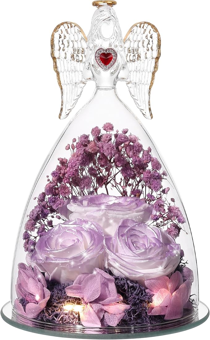 Mothers Day Rose Gifts for Women, Large Angel Figurines with Real Roses, Preserved Real Flower Rose for Her, Gardient Purple