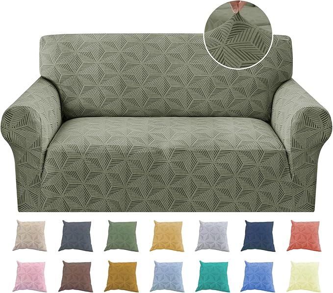 YEMYHOM 1 Piece Stretch Couch Covers for 2 Cushion Couch, Jacquard Loveseat Cover with Non-Slip Elastic Bottom, Thickened Slipcover Furniture Protector for Dogs Pets (Medium, Army Green）