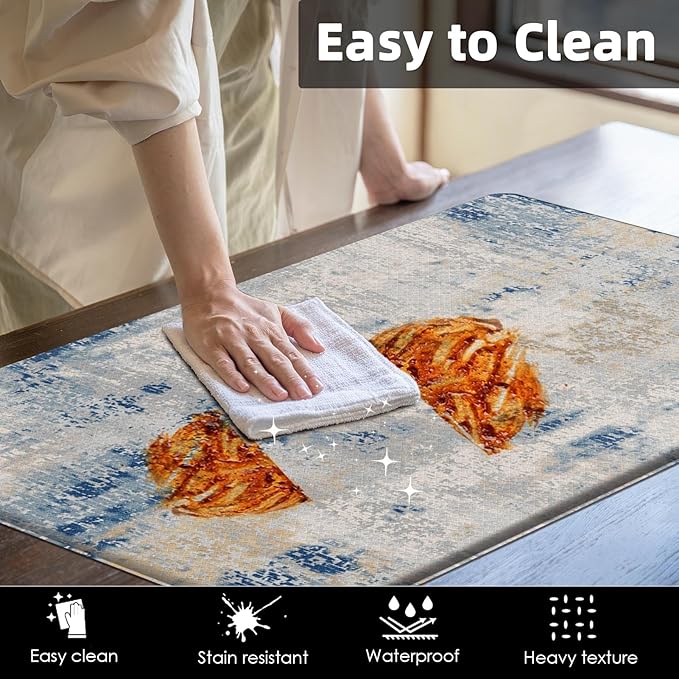 Arttown Modern Anti-Fatigue Kitchen Rug Set of 2 Blue Grey Cushioned Floor Standing Mat Waterproof Non-Slip Mat and PVC Ergonomic Comfort Foam Rug