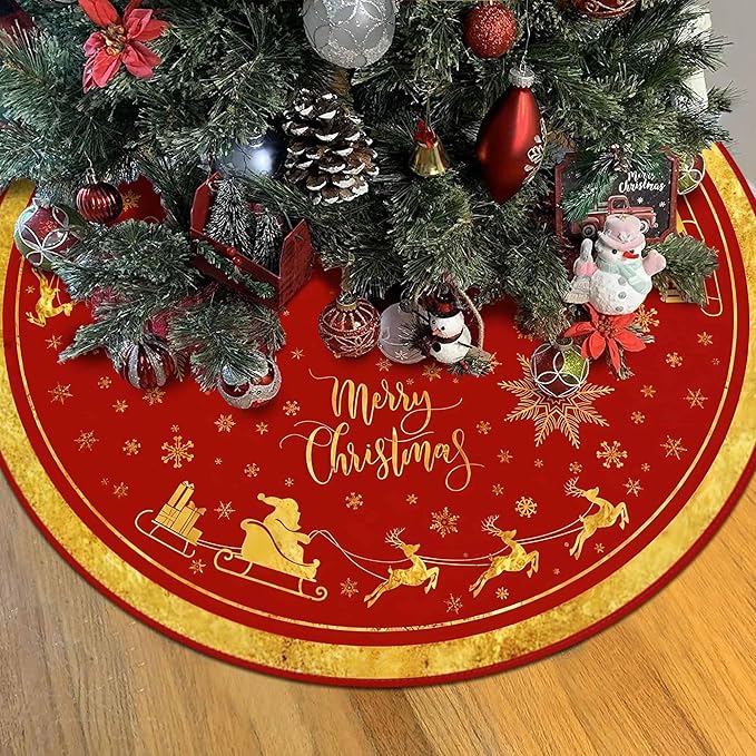 Christmas Tree Skirt 36 Inch, Gold Santa Reindeer Snowflake Merry Xmas Decor, Winter Christmas Tree Mat for Home Party Holiday Indoor Outdoor Decorations