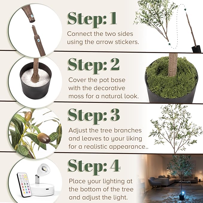 Olive Trees Artificial Indoor 6FT Tree with Rechargeable LED Spotlight, Decorative Moss & Weighted Pot – Tall Realistic Olive Plant for Home, Office, or Event Décor (6FT)