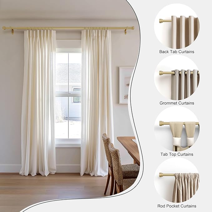 PORTRES Warm Gold Heavy Duty Curtain Rods for Windows 48 to 84 Inches Adjustable Length 1" Diameter Curtain Rod with Modern Decorative Finials for Outdoor Farmhouse Bedroom Kitchen Living Room