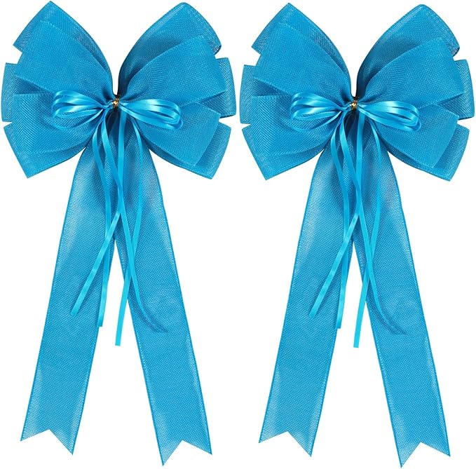 2 Pcs Large Blue Easter Wreath Bow Decor,Spring Summer Tree Topper Bow Decorations,Decorative Bow with Blue Burlap and Glitter String for Holiday Home Front Door Outdoor