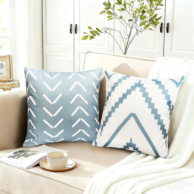 Decorative Throw Pillow Covers 22x22 inch Set of 4 Sky Blue Pillow Covers for Couch Sofa Bed Living Room,Farmhouse Outdoor Throw Pillow Cover,Modern Geometric Linen Square Throw Pillow Cases