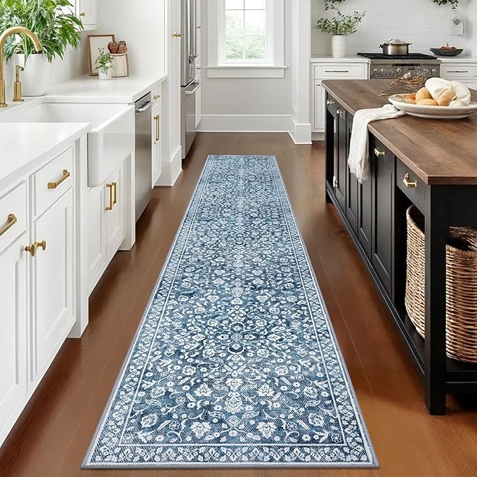 Vintage Runner Rugs for Hallway 2x10, Blue and White Washable Long Hallway Runner Rug Non Slip, Super Soft Kitchen Runner Rug, Print Faux Wool Floral Thin Carpet Hall Runner