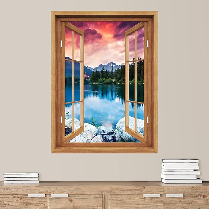 SIGNWIN Removable Wall Sticker/Wall Mural Window View Vibrant Purple Mountain Sunset Nature Wilderness Photography Realism Decorative Landscape Digital Art for Living Room, Bedroom, Office - 24"x32"
