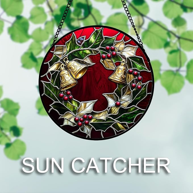 Stained Glass Window Hanging 4 Pcs Set Christmas Golden Bell Sleigh 9.8" - Suncatcher Door Garden Sun Catcher Decor Birthday Mother's Day Xmas Gifts for Mom Woman Nana Men Parents