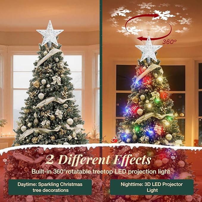 Christmas Tree Topper Lighted with 10M Colorful String Lights, Keten Silver Star Tree Toppers Decoration with 3D Rotating Pattern Projector, Tree Top for Indoor Outdoor Xmas Party Holiday (Silver)