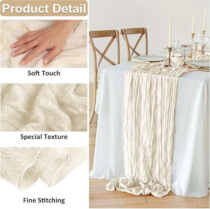 JOYIT 6 Pack White Cheesecloth Table Runner 35" x 120" – Boho Table Runner Set for Wedding, Birthday, and Party Decor, Romantic Gauze Table Runner for Rustic and Elegant Tablescapes (Ivory White)