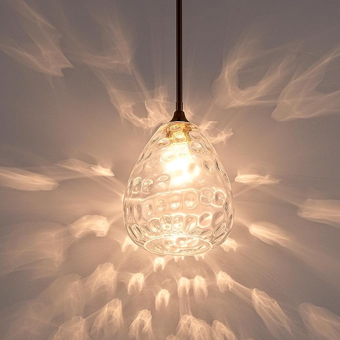 Transparent Clear Hammered Glass Pendant Light with Brass Gold Accent, Adjustable Hanging Lamp for Kitchen, Dining Room, and Living Room