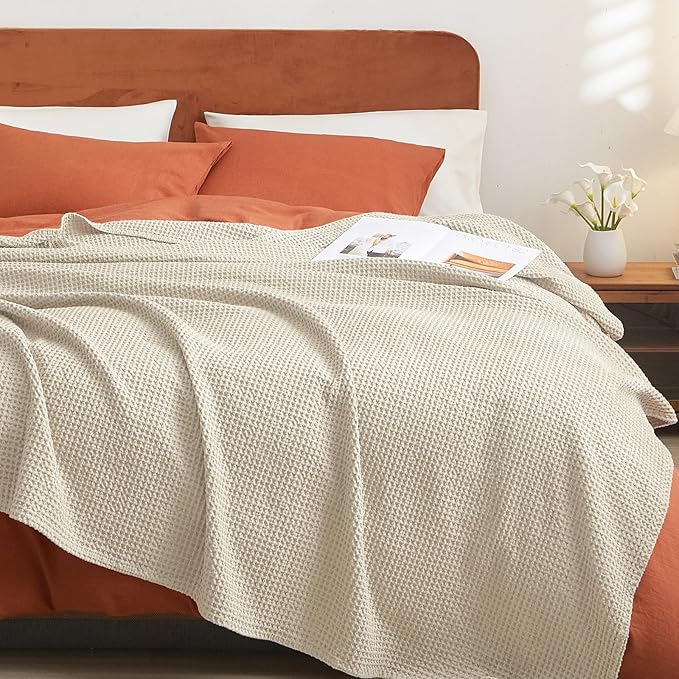PHF 100% Cotton Waffle Weave Blanket Queen Size for Bed, Snag Proof Lightweight Breathable Moisture-wicking Throw for Couch, Great for Layering in Cold, Machine Washable, Home Decor Gift - Linen/Stone