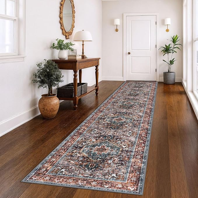 KOZYFLY Area Rug 3x14 Ft Washable Boho Runner Rug for Entryway Hallway Indoor Printed Faux Wool Carpet for Kitchen Bedroom Hall, Brick Red/Orange/Green