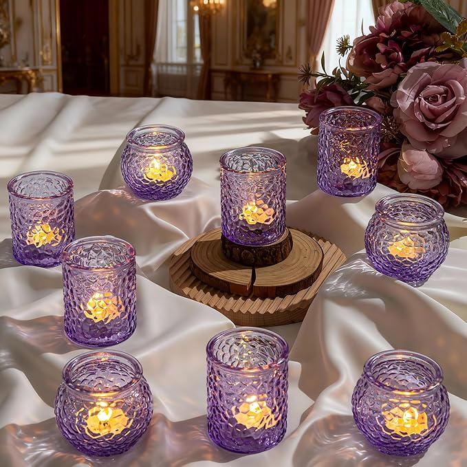 24-Piece Purple Glass Votive Candle Holders Set – Tealight Candle Holder Glass Bulk with 12 Round & 12 Hammered Textured Cups, Purple Votive Candle Holders for Weddings, Parties, Home