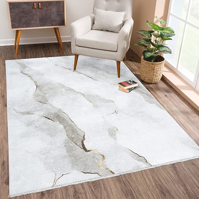 Bloom Rugs Caria Washable Non-Slip 8x10 Rug - Ivory/Gold Modern Abstract Area Rug for Living Room, Bedroom, Dining Room, and Kitchen - Exact Size: 7'8" x 10'
