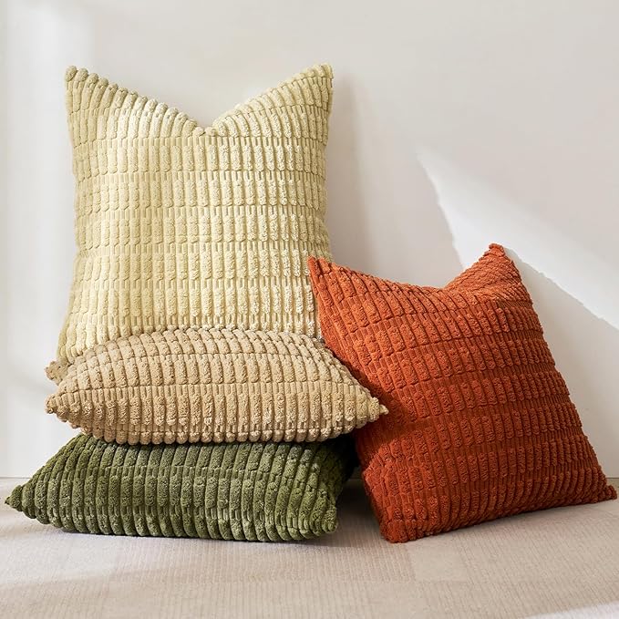 MIULEE Pack of 4 Boho Farmhouse Corduroy Decorative Throw Pillow Covers 18x18 Inch for Sofa Living Room Couch Bed Modern Retro Soft Striped Pillow Covers Home Decor Brown Green