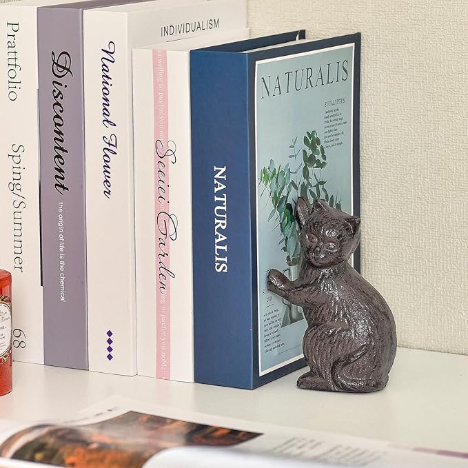 Sungmor Cast Iron Cat Sculpture Decorative Bookends, Animal Book End for Shelves Vintage Home Office Decor, Funny Bookend to Hold Books, Set of 2 Antique Brown Cat Statues